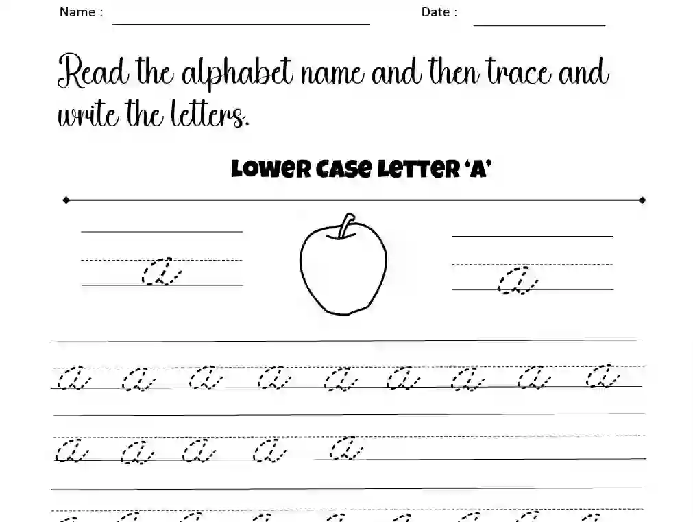 Lowercase Cursive Letter a Writing Worksheet, Printable Cursive Writing Small Letter a Worksheet, Lowercase cursive a small Letter Practice Sheet, Small Cursive Letter a Handwriting Practice Worksheet, Lowercase Cursive Alphabet a Writing Worksheet Free Download, Small Cursive Alphabet a Writing Worksheet, Printable Cursive Small Letter a for Kids, Cursive Writing Worksheet For small Letter a