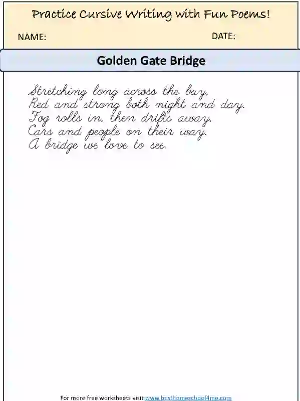 golden stage bridge poem cursive sheets