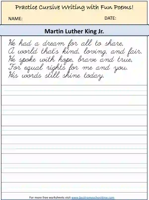 Martin Luther King Jr. cursive poem worksheet