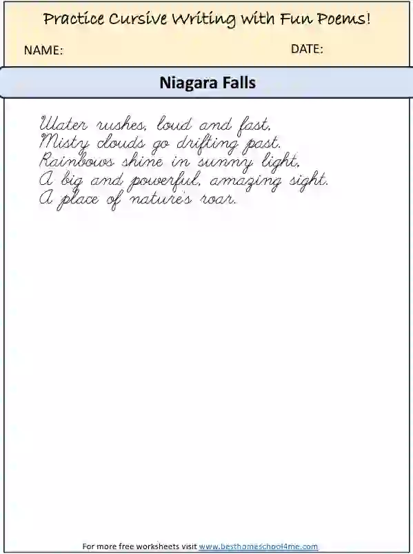 niagra falls cursive writing worksheets poem
