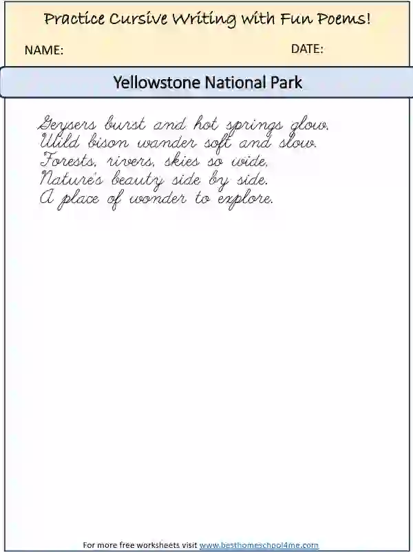 Yellowstone National Park cursive writing worksheets for kids