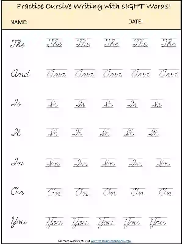 Download Cursive Words Writing Worksheets PDF for Kids
