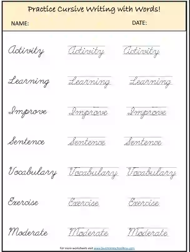 Cursive Words Practice Worksheets PDF for Kids – Free Printables