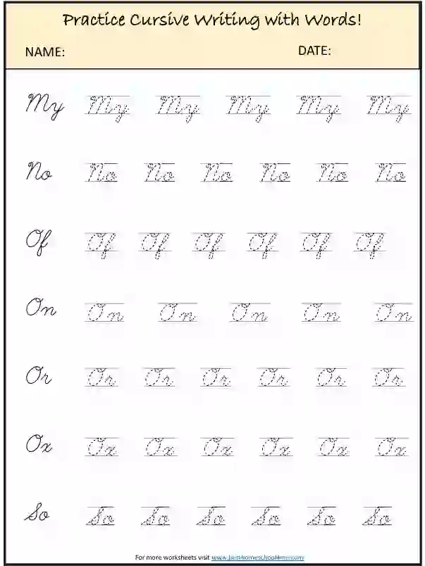 Cursive Words Learning Worksheets PDF for Kids Printable