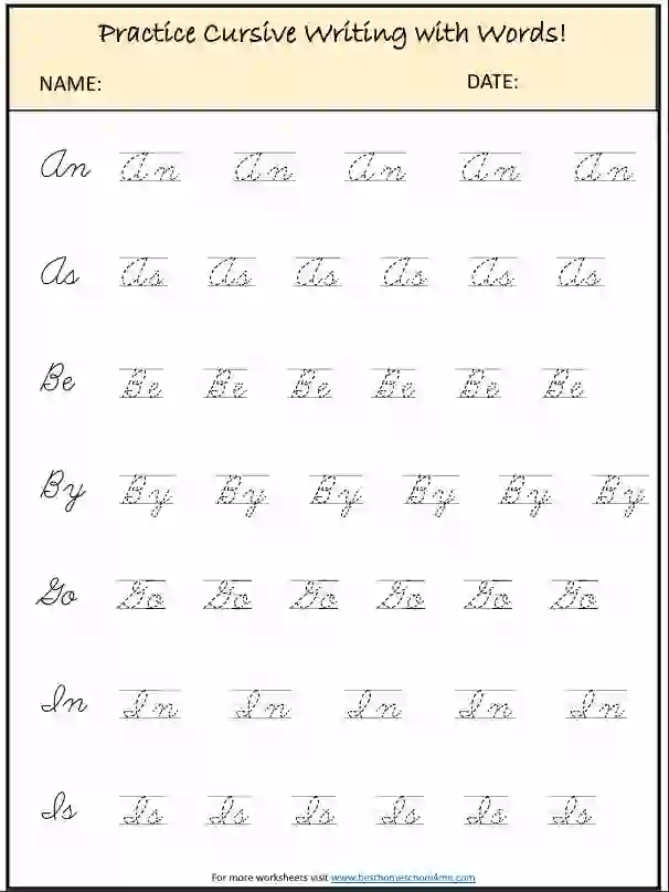 Beginner Cursive Words Worksheets PDF for Kids Free