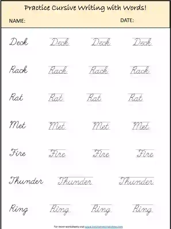 Free Printable Cursive Writing Words Worksheets PDF for Kids