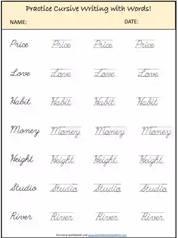 Simple Cursive Words Practice Worksheets PDF for Beginners