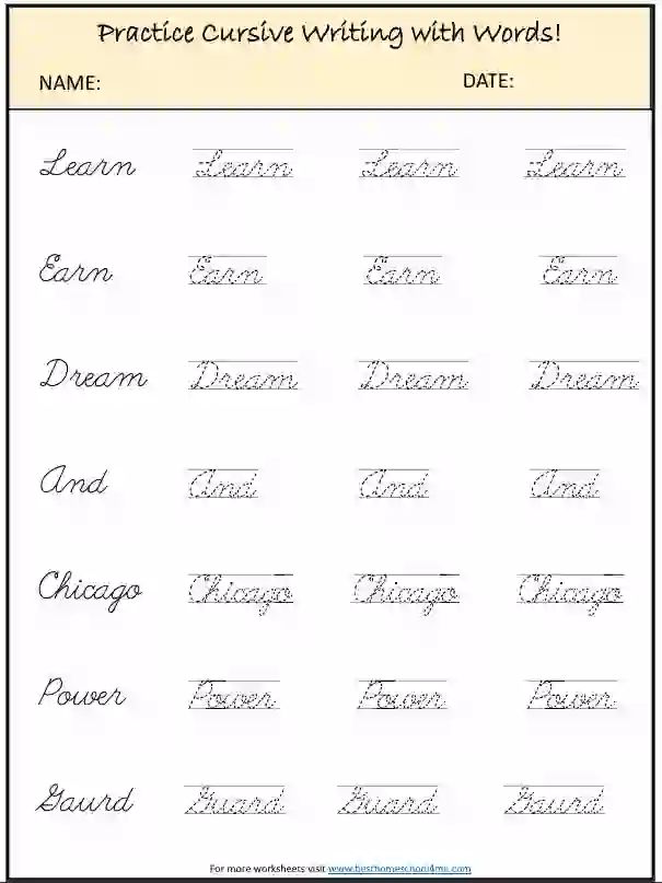 Cursive Words Tracing Worksheets PDF for Kids (Free)