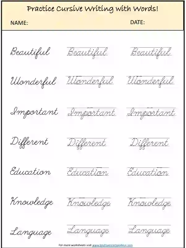 Learn Cursive Words with Free Printable Worksheets PDF for Kids