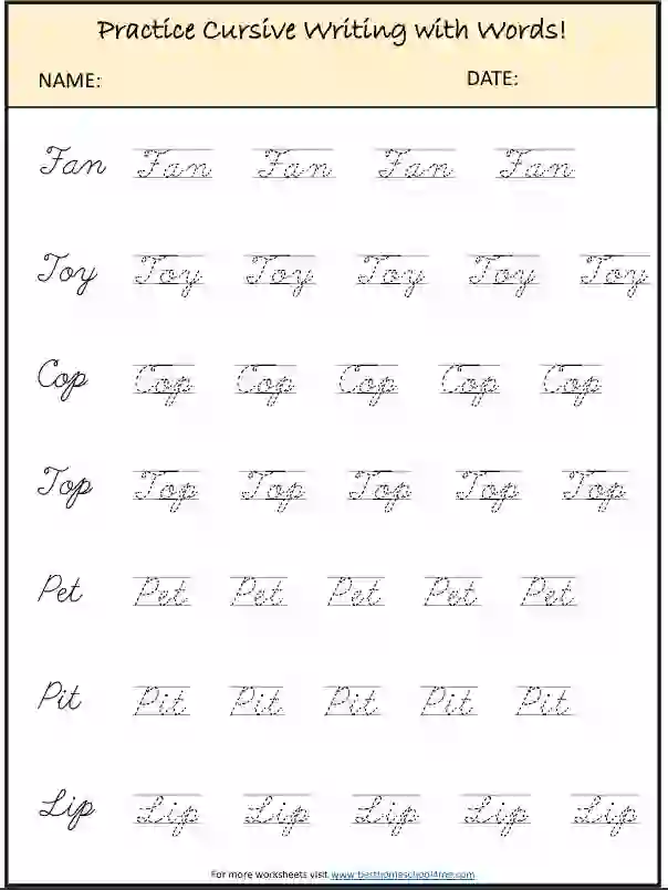 Cursive Writing Words Worksheets PDF for Kids (Easy & Fun)