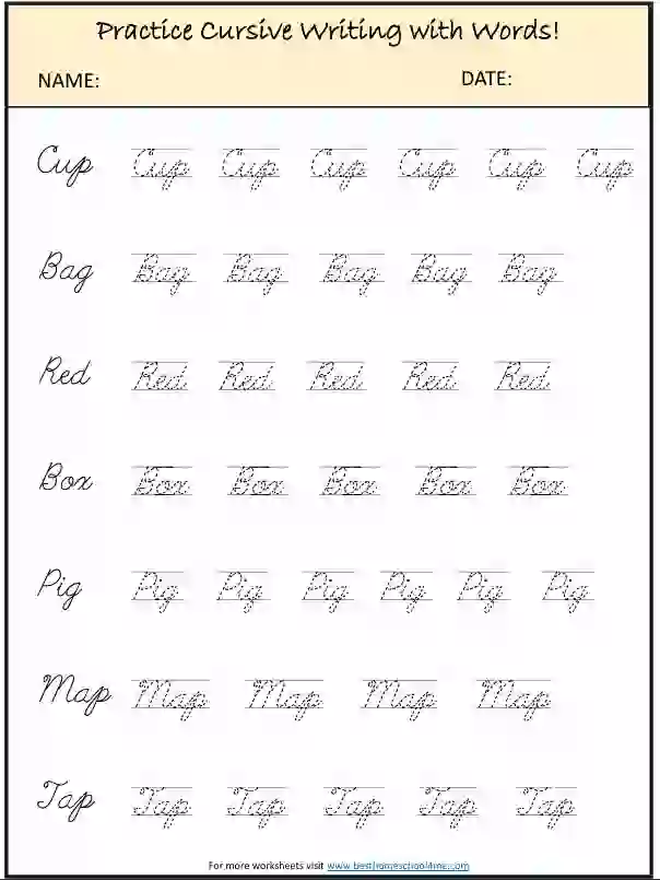 Download Free Cursive Words Practice Sheets PDF for Kids