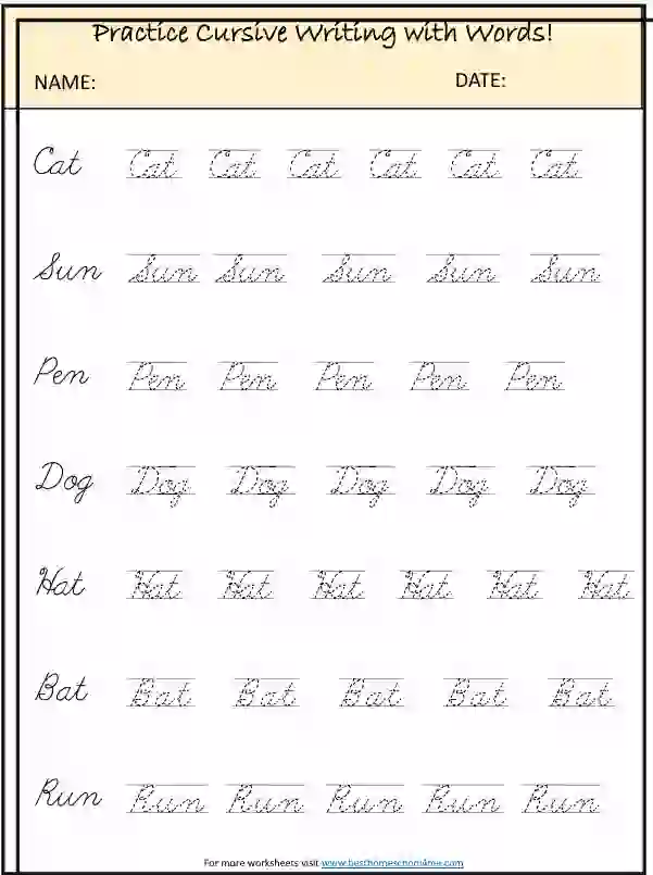 Kids Cursive Writing Worksheets PDF – Words Practice Sheets
