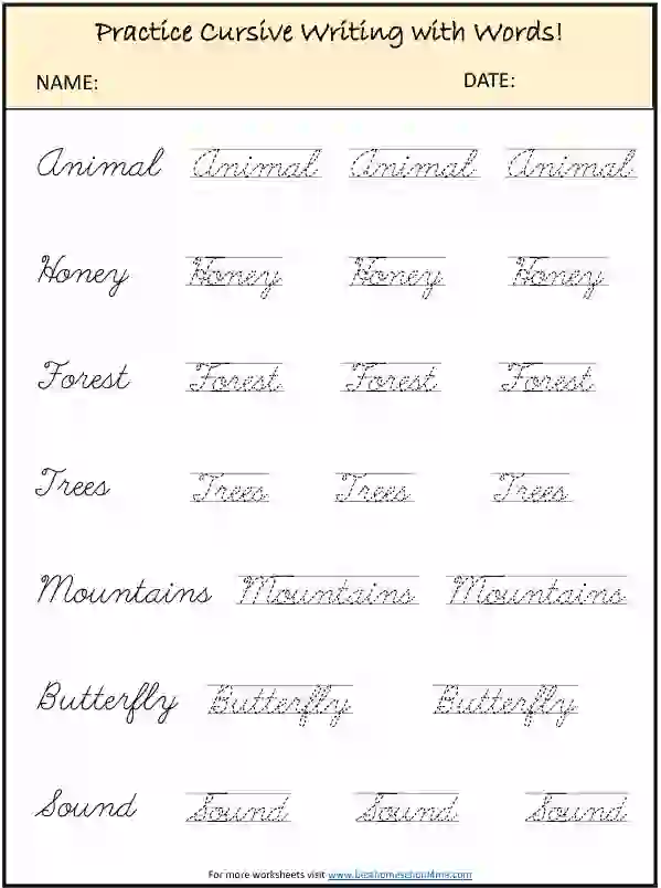 Cursive Words Handwriting Practice Worksheets PDF for Kids
