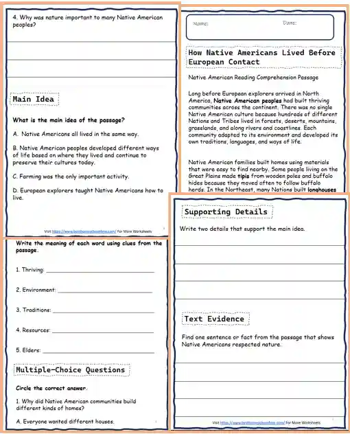 Native American Reading Comprehension Worksheets (Grades 3–5)