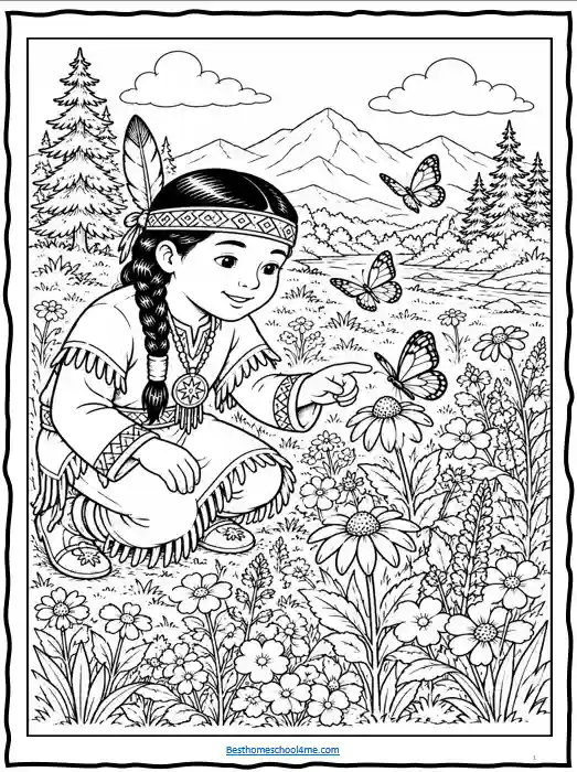 Native American themed coloring book pages for kids