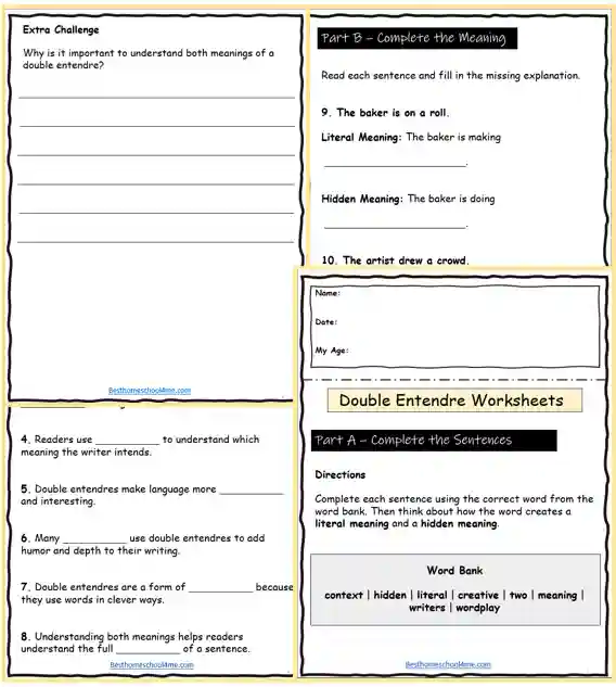 double entendre worksheets for homeschool
double entendre lesson worksheets PDF