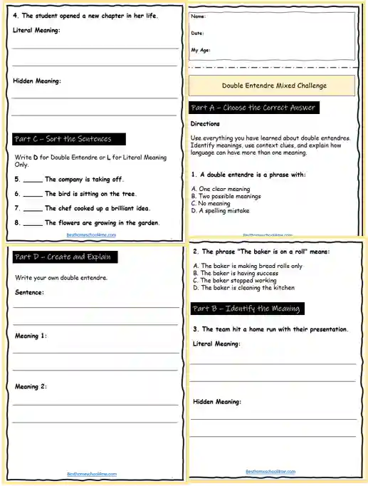 beginner double entendre worksheets printable