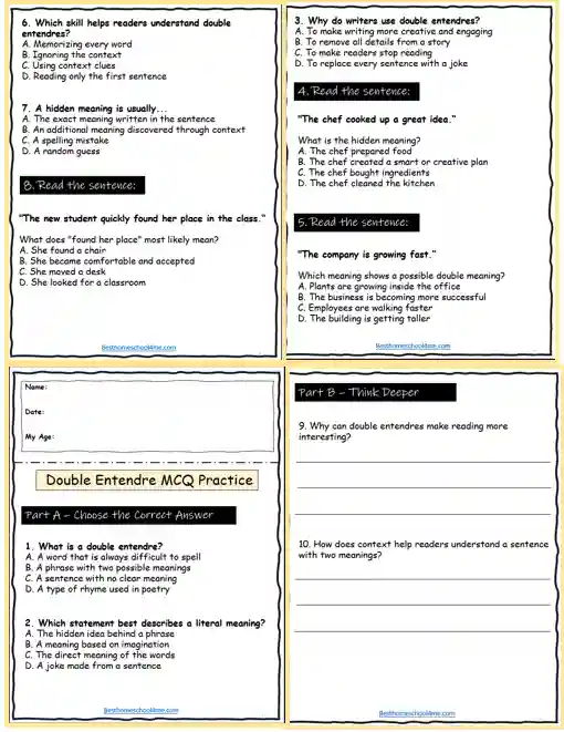 double entendre ELA worksheets for classroom
