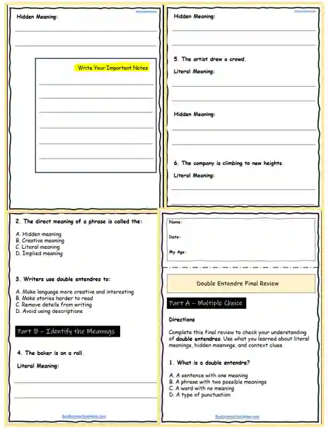 intermediate double entendre practice worksheets