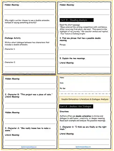 advanced double entendre worksheets PDF