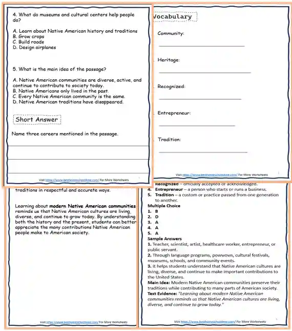 native american reading worksheets with answer key