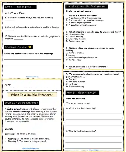 double entendre activities for high school
double entendre reading comprehension worksheets