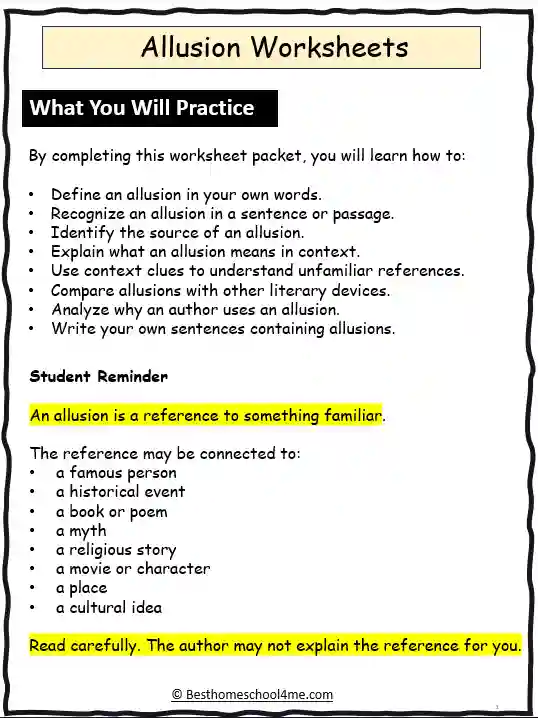 Allusion Worksheets With Definitions, Examples & Practice
