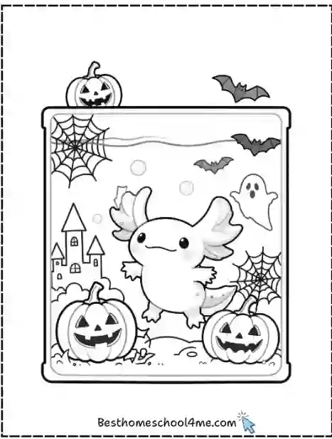 Halloween Axolotl Coloring Page With Pumpkin