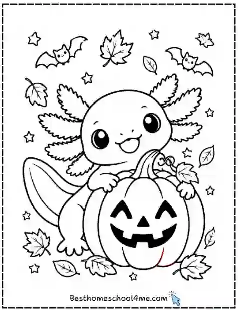 Kawaii Halloween Axolotl Coloring Pages PDF