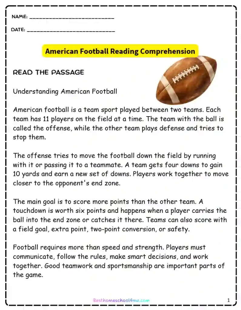 American football player positions worksheet for students
