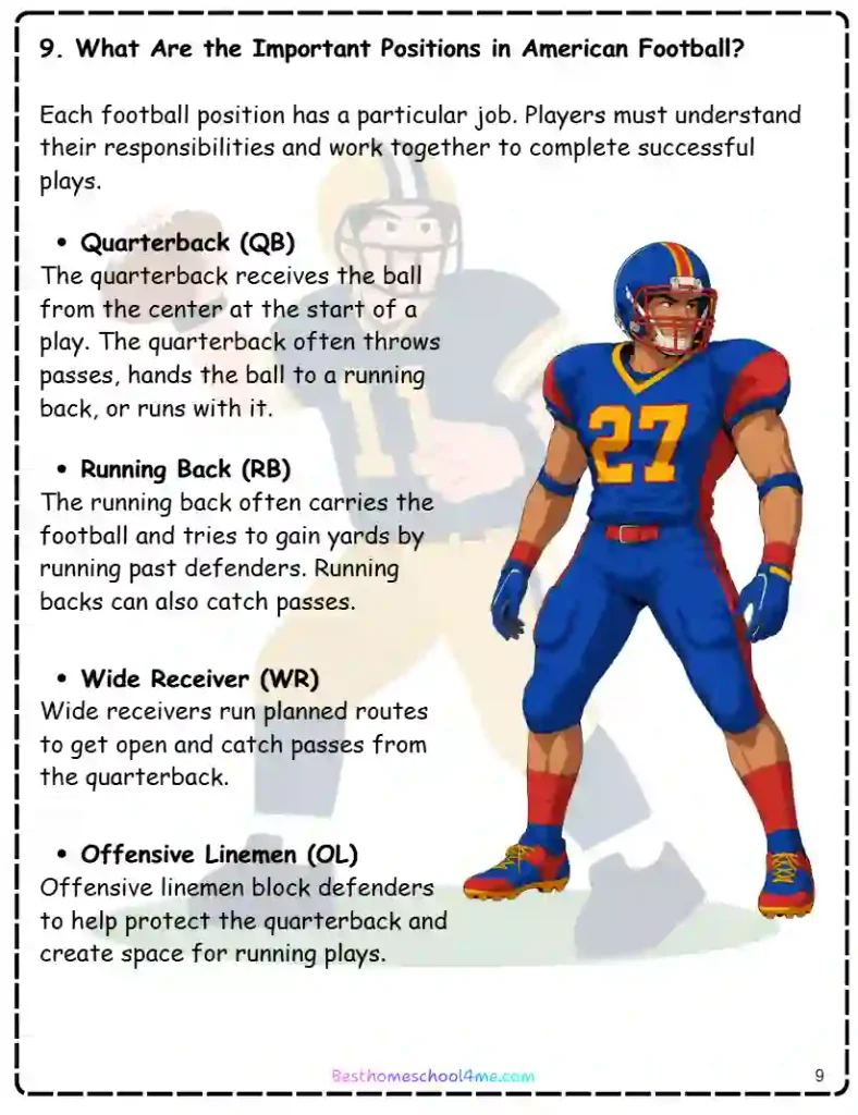 American football reading comprehension worksheet for kids
