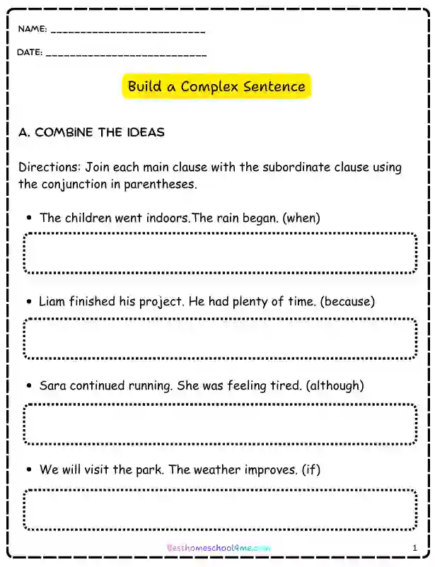 Main clause and subordinate clause pdf exercise for children