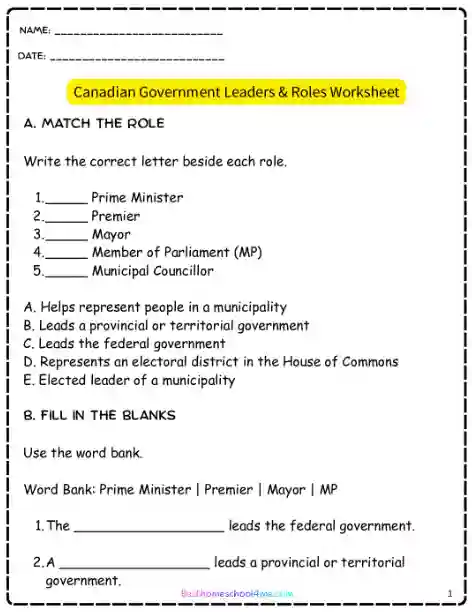 Printable Canadian government worksheets for Grade 5
Grade 5 Canadian government and civics worksheets