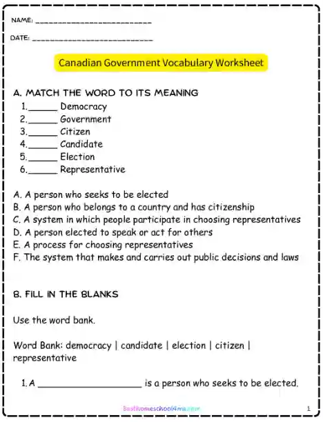 Three levels of government worksheet Canada Grade 5