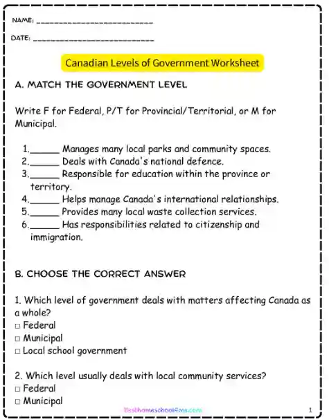 Canadian government worksheets for Grade 5 students
