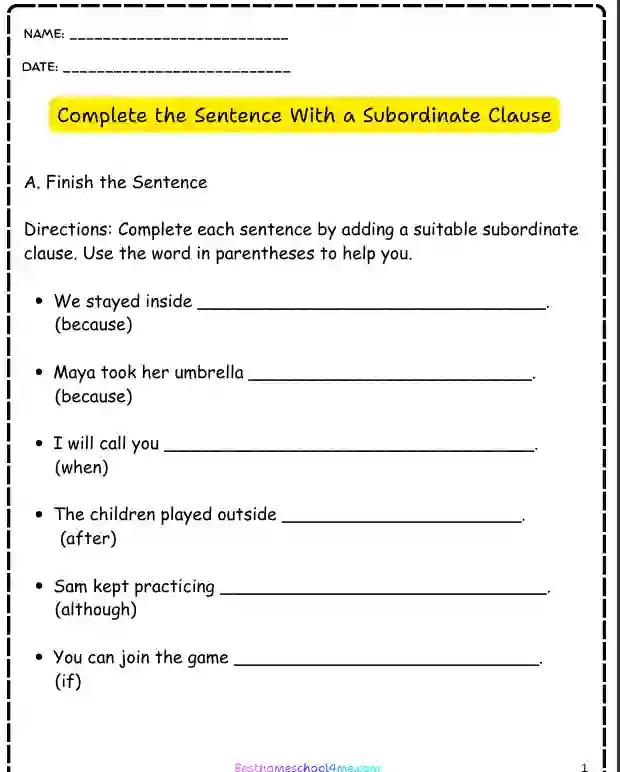 Main clause and subordinate clause printable worksheets pdf