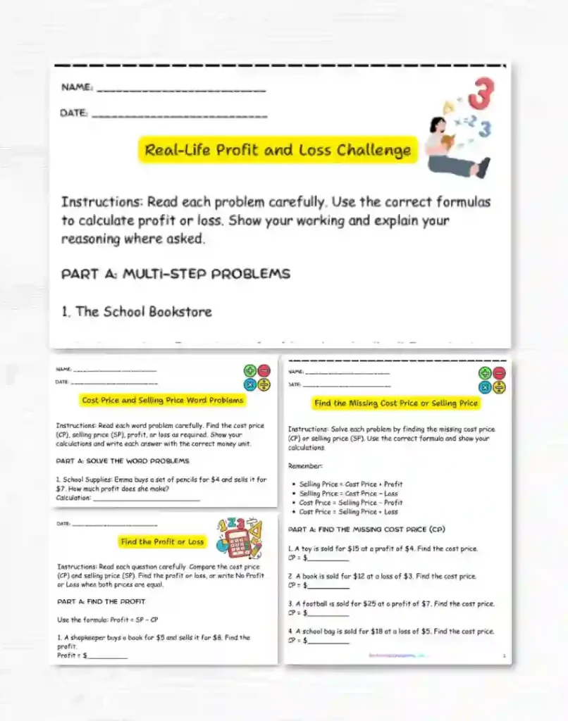 Cost Price and Selling Price Worksheets for Grade 5