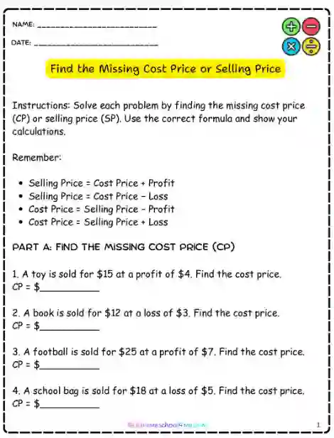 How to calculate profit and loss worksheet for Grade 5