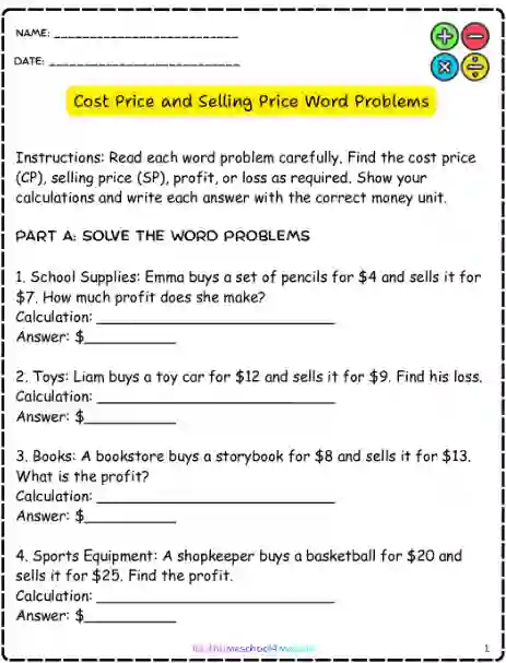 Grade 5 money math worksheets on profit and loss