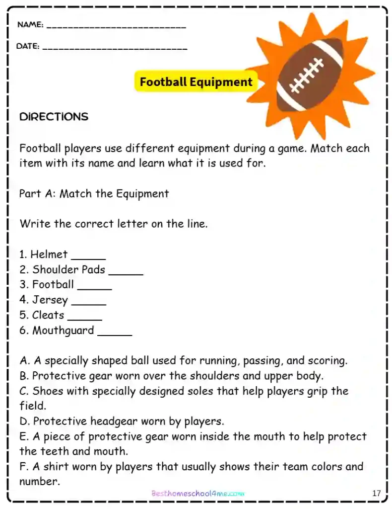 American football homework worksheets for elementary students