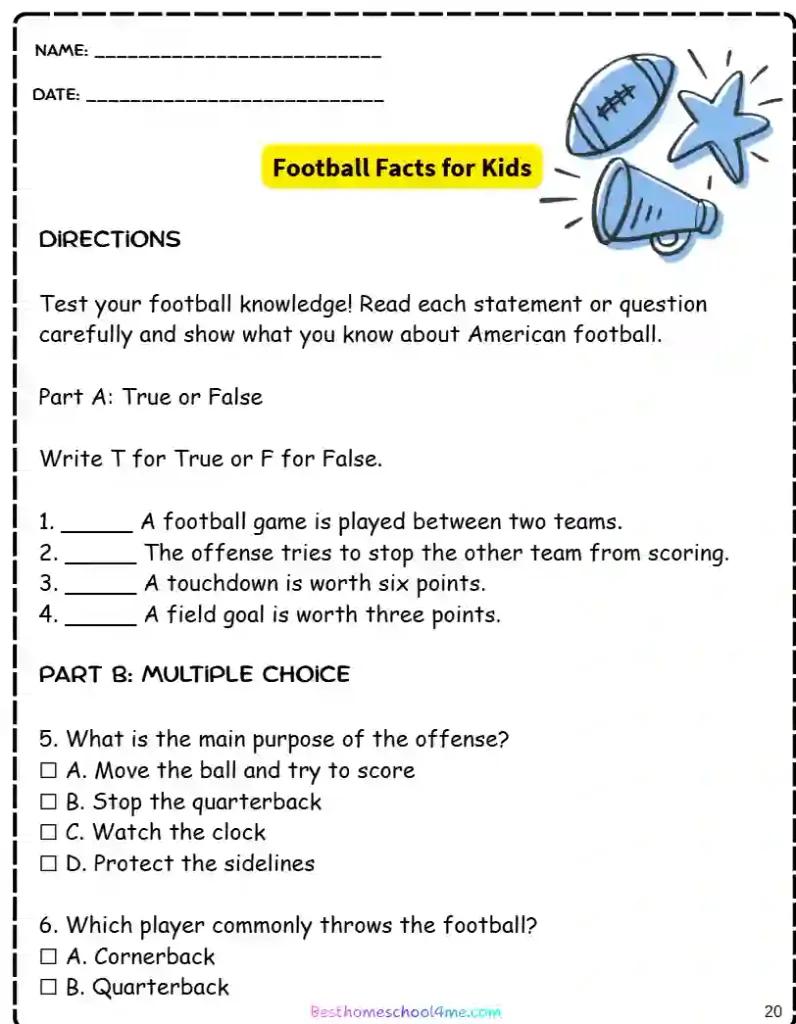 American football worksheet bundle PDF for kids