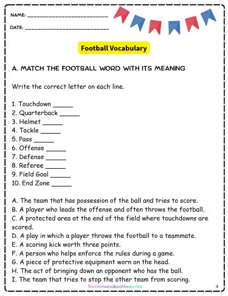 American football history worksheet for children