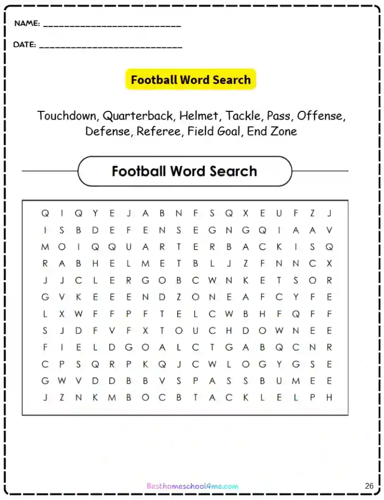 American football word search printable for kids