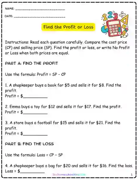 Profit loss and cost price printable worksheets for elementary students