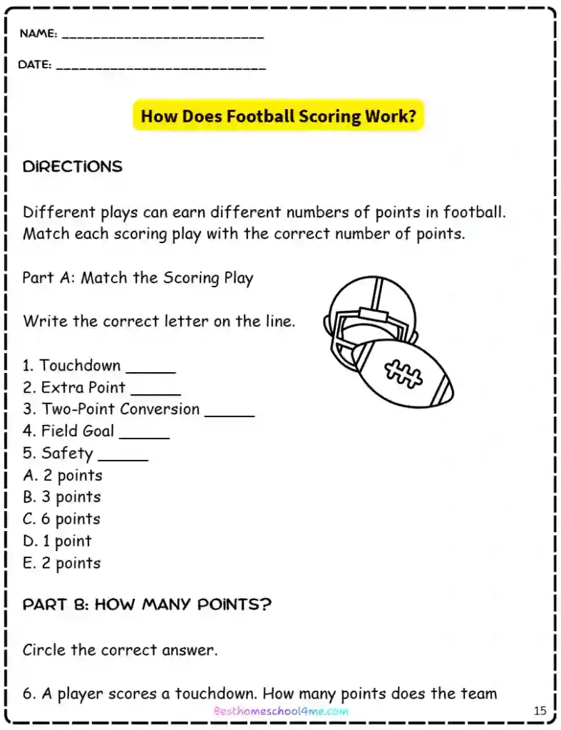 American football reading passage with comprehension questions