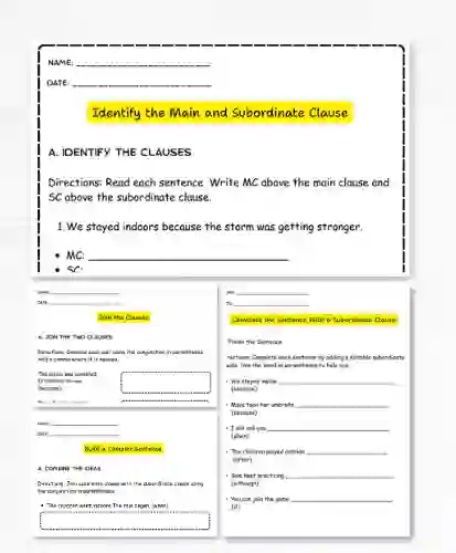 Main and subordinate clause identification exercises worksheets