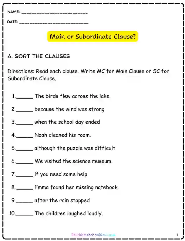 Main clause and subordinate clause prinatble worksheets for grade 5