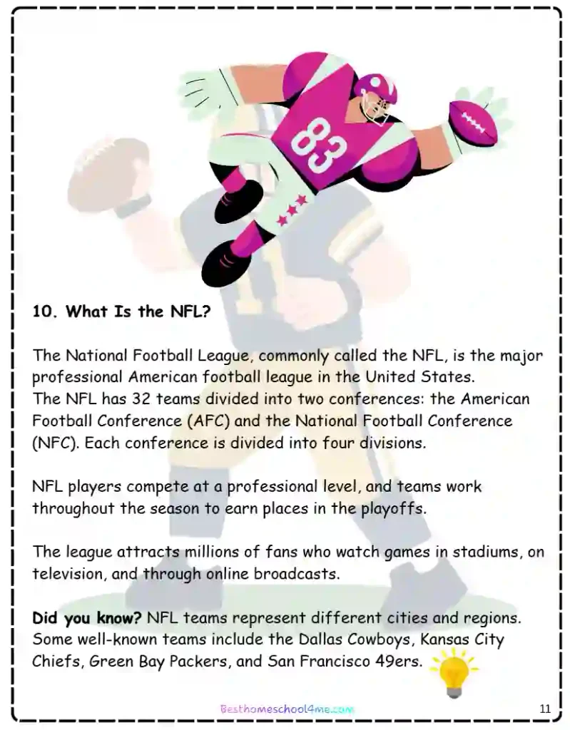 American football rules worksheet for beginners