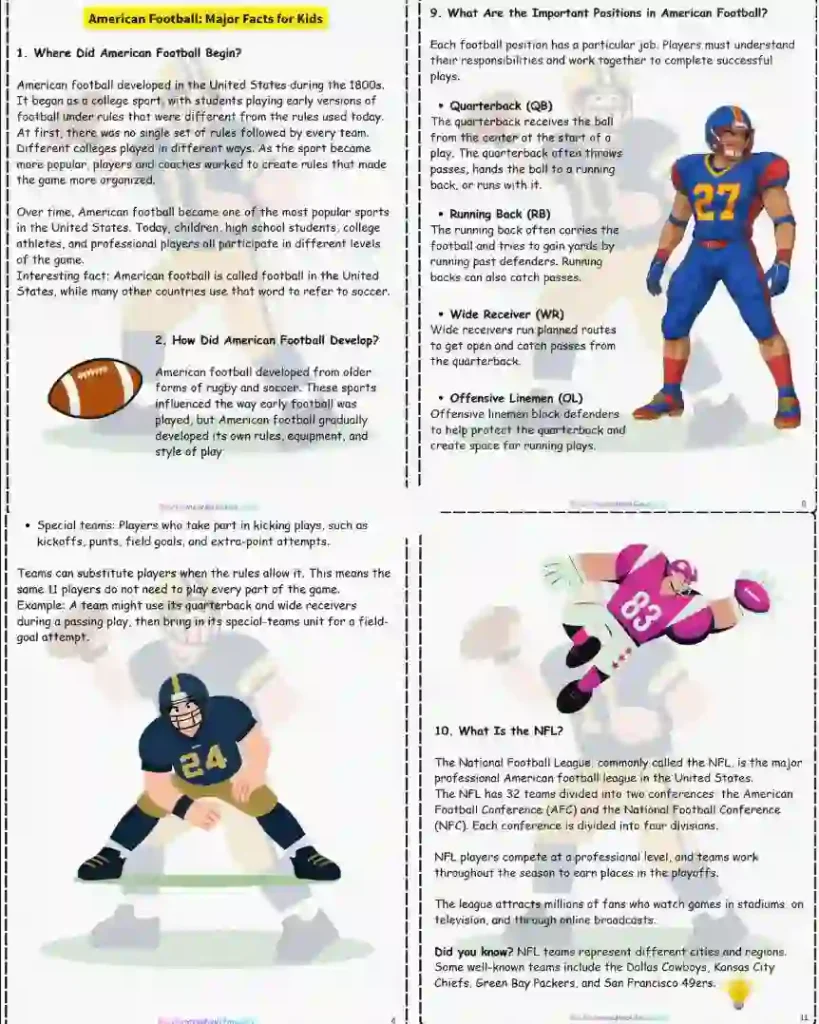 American football facts worksheet for elementary students